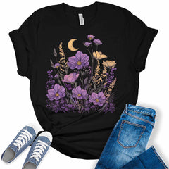 Cottagecore Shirt Vintage Floral Graphic Tees for Women Aesthetic Floral Crescent Moon T Shirt