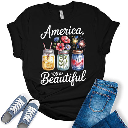 4th of July Shirts For Womens Patriotic Graphic Tees America Beautiful Bella Plus Sized Tops