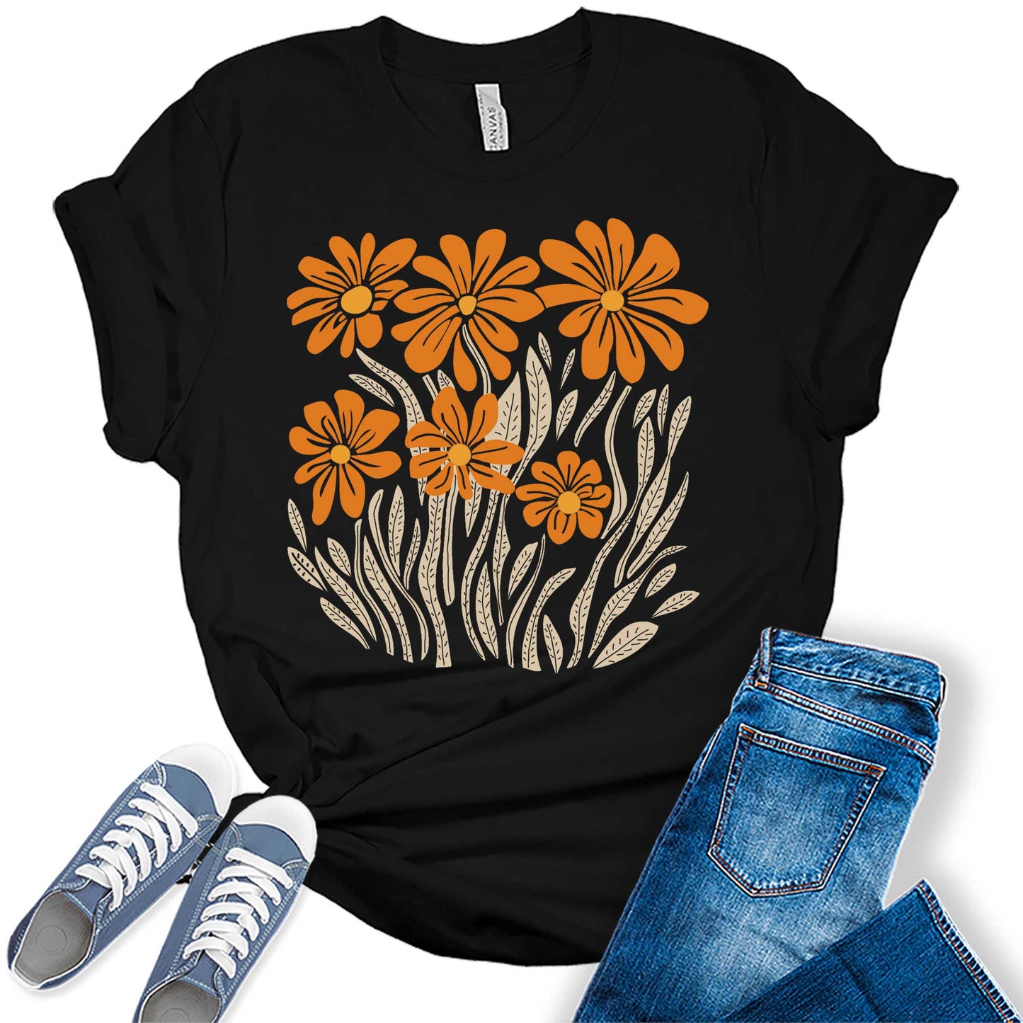 Womens Boho Fall Floral Daisy Graphic Tees