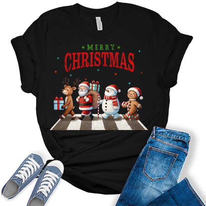 Women's Merry Christmas Shirt Festive Holiday Letter Print Graphic Tees