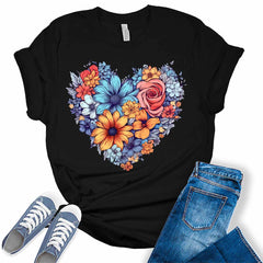 Womens Floral Heart Shirt Cute Tshirts Bella Graphic Tees Casual Short Sleeve Summer Tops