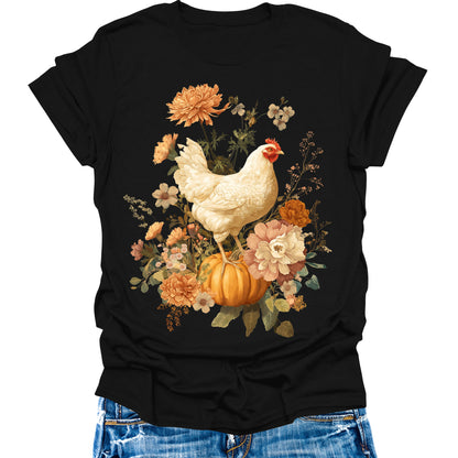 Chicken Shirts Vintage Fall Pumpkin T Shirts Autumn Thanksgiving Womens Graphic Tees Halloween Tops