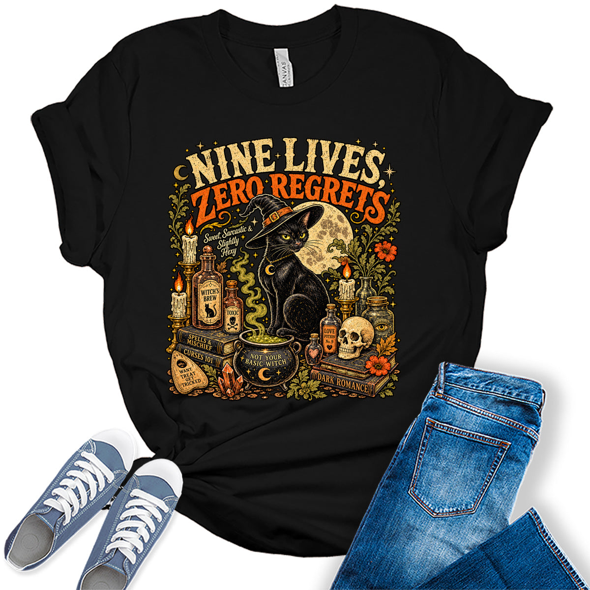 Women's Halloween Shirt Fall Black Cat Graphic Tees Zero Regrets Short Sleeve Bella Tops