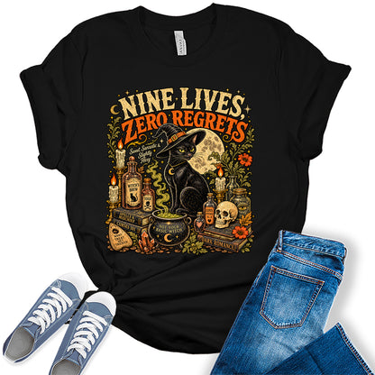 Women's Halloween Shirt Fall Black Cat Graphic Tees Zero Regrets Short Sleeve Bella Tops