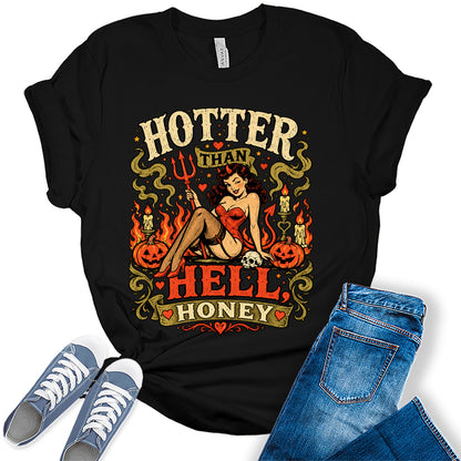 Women's Halloween Shirt Funny Devil Graphic Tees Hotter Than Short Sleeve Bella Fall Tops