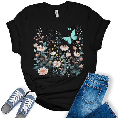 Women's Wildflower Shirt Vintage Butterfly Floral Casual Graphic Tees Bella Plus Sized Tops