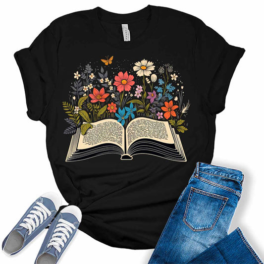 Womens Teacher Shirts Floral Book Lovers Butterfly Tshirts Cute Wildflower School Reading Short Sleeve Vintage Graphic Tees