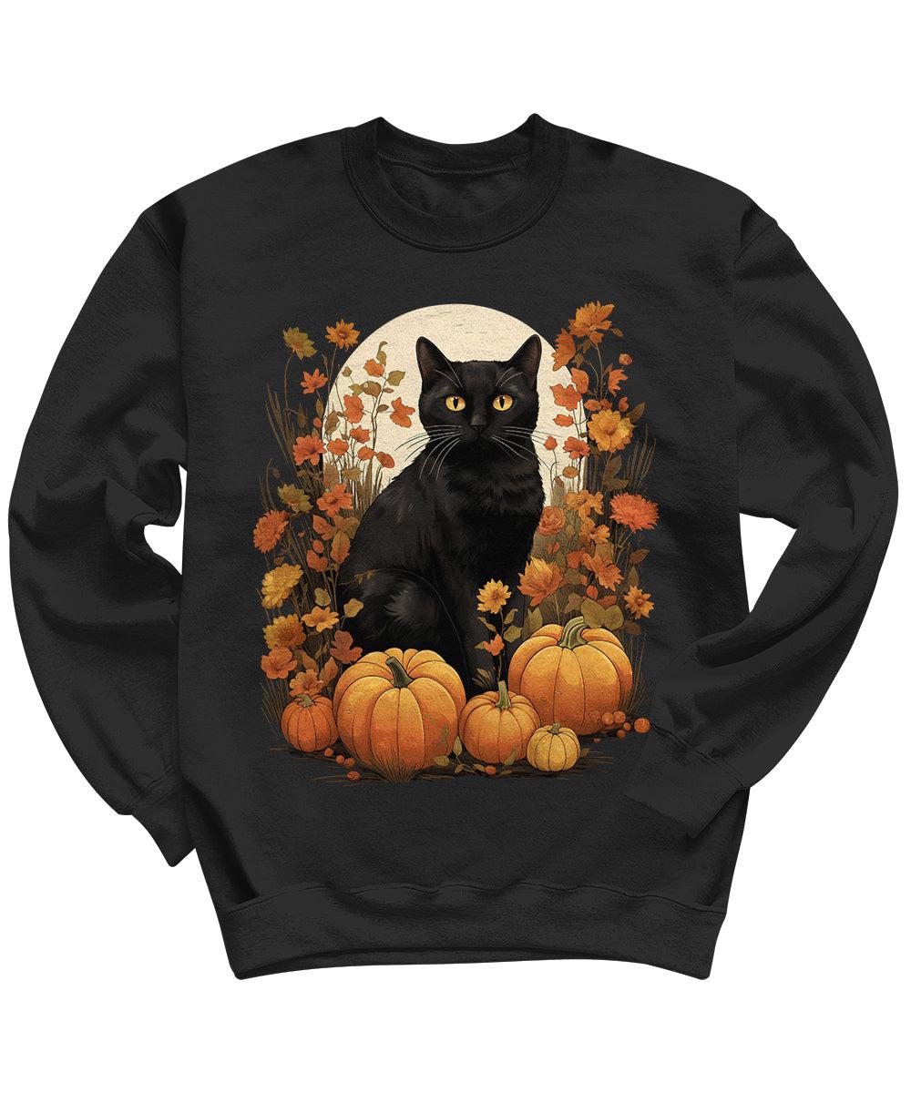 Cute Black Cat Floral Halloween Pumpkins Crewneck Sweatshirt