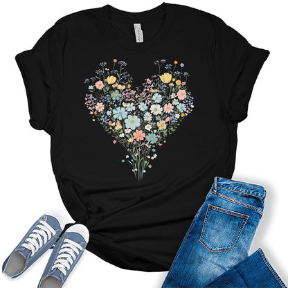 Womens Floral Shirts Wildflower Vintage Graphic Tees Spring T Shirts Bella Plus Size Summer Tops
