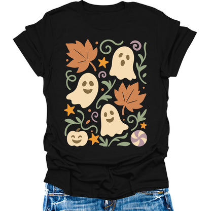 Halloween Pumpkin Shirts Womens Vintage Boho Ghost Fall T-Shirts Cute Autumn Graphic Tees Thanksgiving Tops