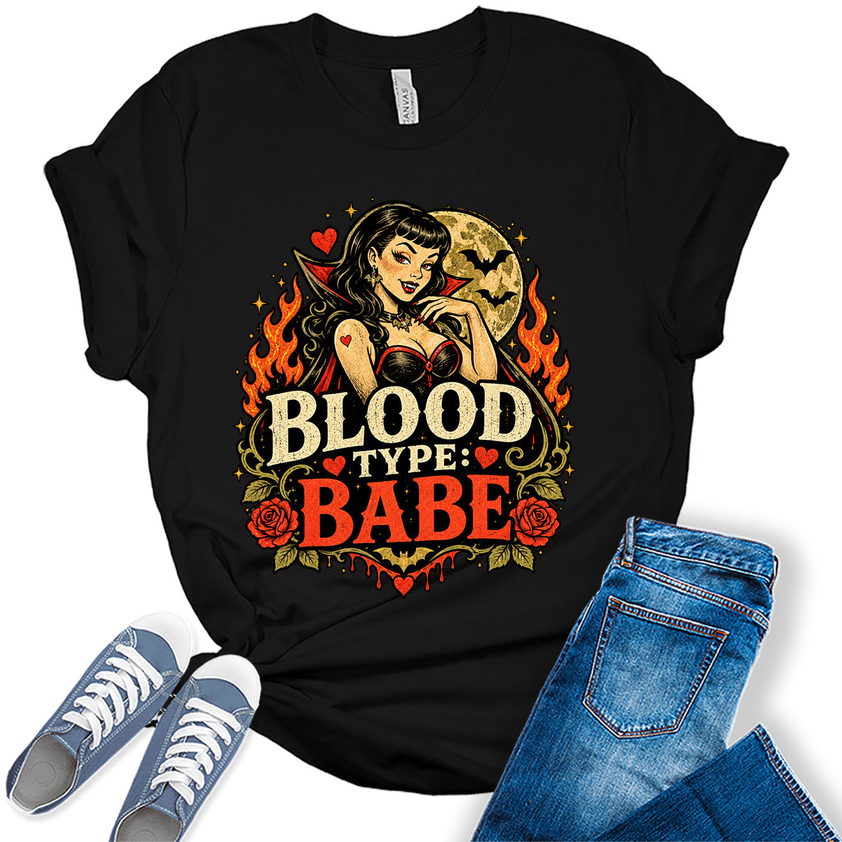 Women's Halloween Babe Shirt Fall Vampire Graphic Tees Short Sleeve Bella Tops