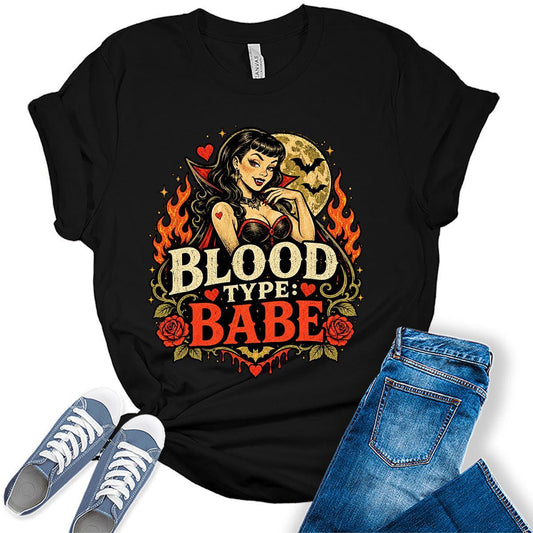 Women's Halloween Babe Shirt Fall Vampire Graphic Tees Short Sleeve Bella Tops