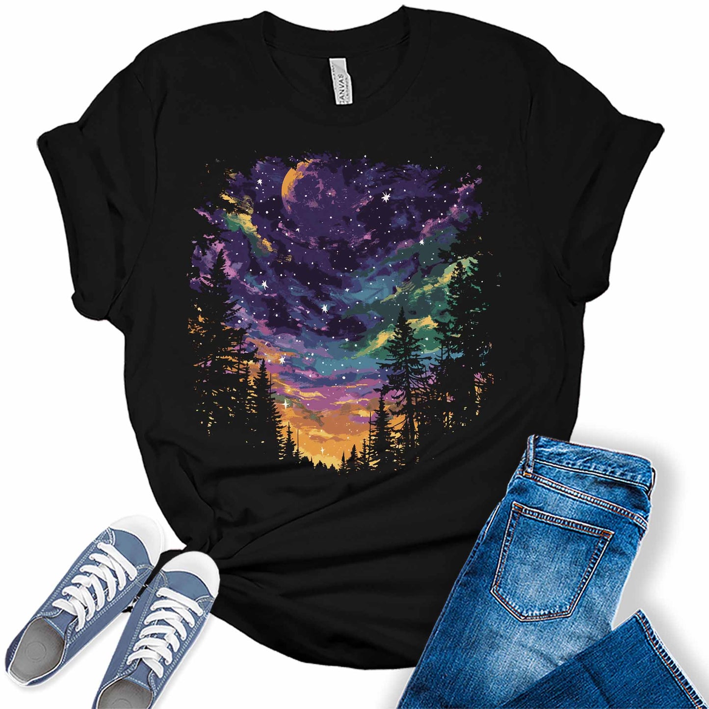 Women's Purple Moon Northern Lights Night Sky Graphic Tees