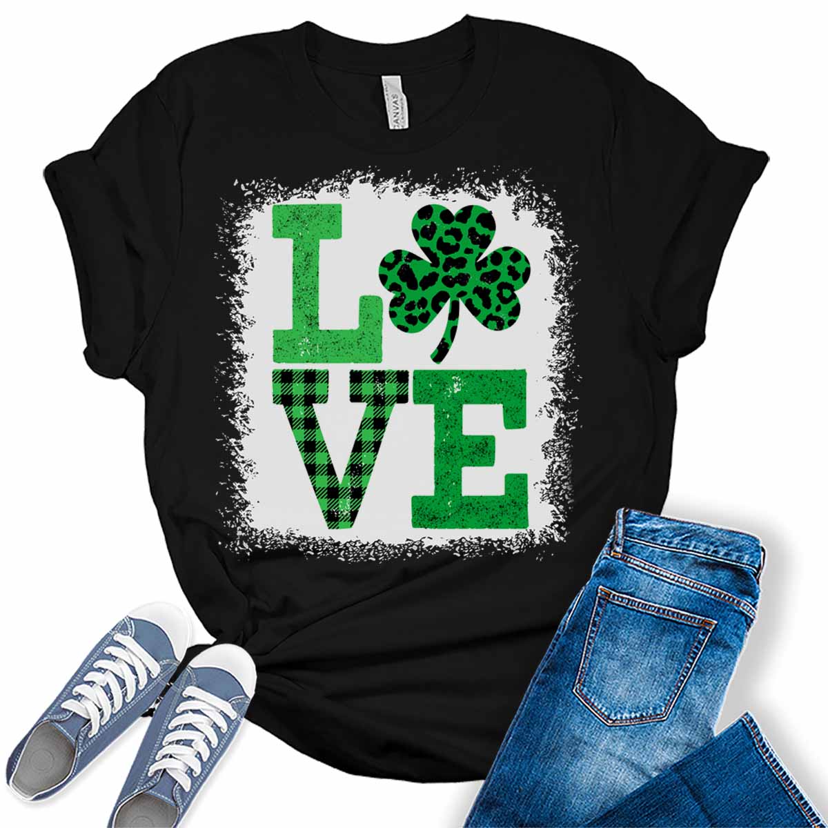 Love Shamrock Plaid T Shirt St Patricks Day Shirt Womens Bleach Print Graphic Tees