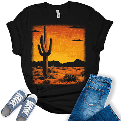 Country Retro Vintage Western Shirts for Women Cactus Desert T Shirts Plus Size Trendy Summer Graphic Tees