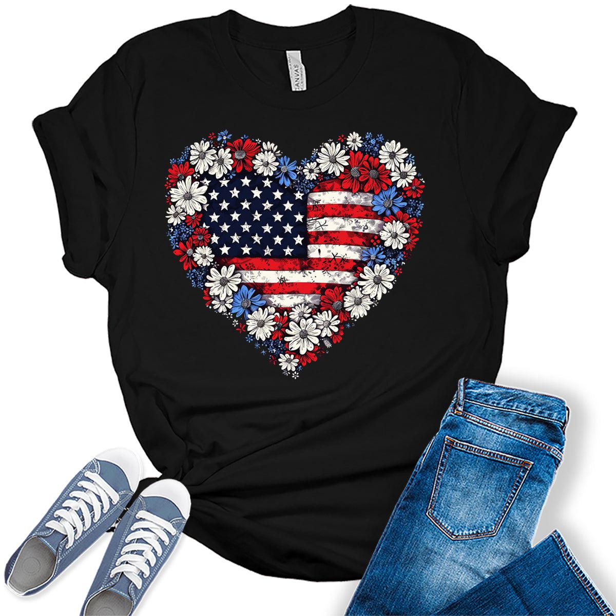 4th of July Patriotic Heart American Flag Graphic Tees for Women