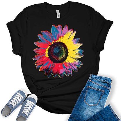 Groovy Sunflower Shirt Trendy Summer Graphic Tees for Women Cute Floral Plus Size Tops