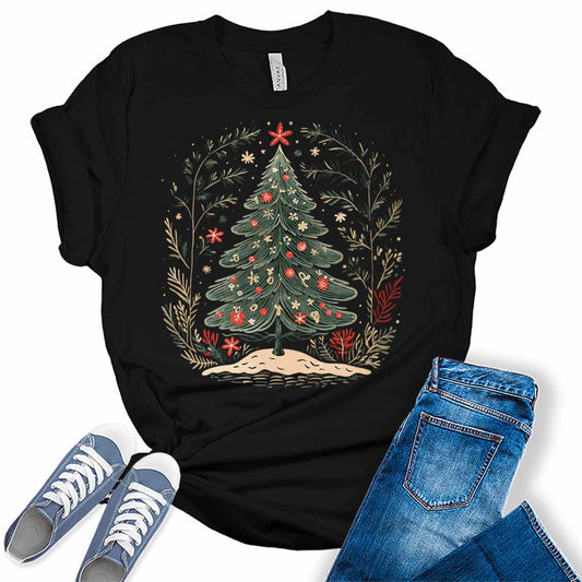 Boho Christmas Tree Xmas Holiday Shirt For Women