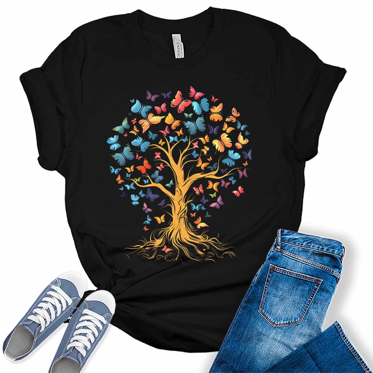 Butterfly Tree Shirt Casual Ladies Cute Floral Bella Graphic Tees Spring Short Sleeve Plus Size Summer Tops for Women