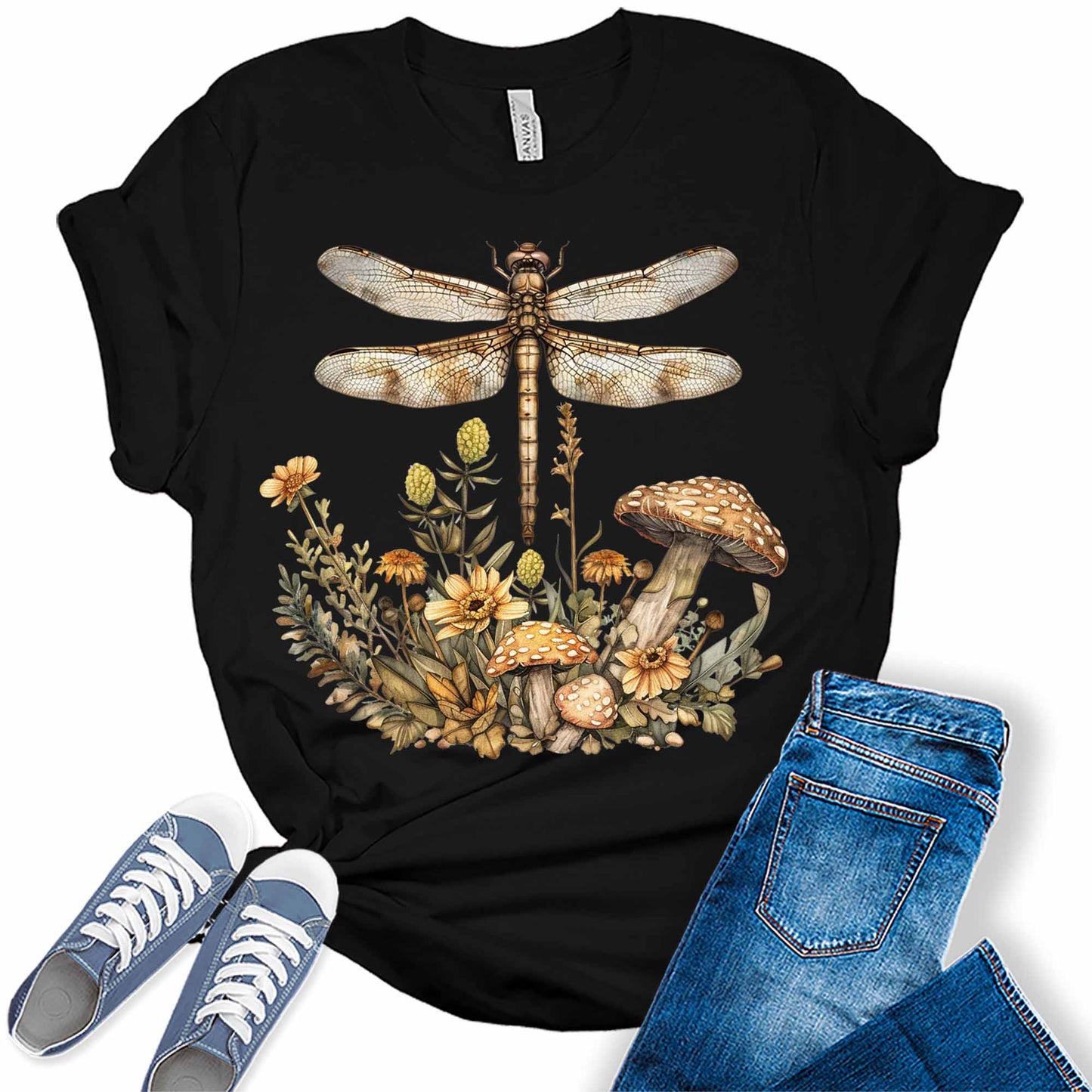 Dragonfly Shirt for Women Mushroom T Shirt Vintage Cottagecore Plus Size Graphic Tees