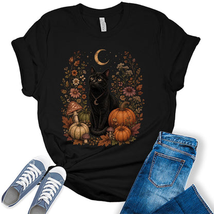 Womens Black Cat Pumpkin Halloween Shirt - Witchy Fall Graphic Tee Moon
