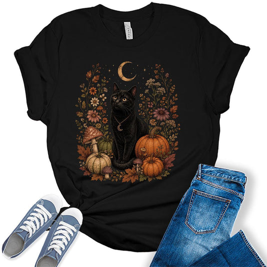 Womens Black Cat Pumpkin Halloween Shirt - Witchy Fall Graphic Tee Moon
