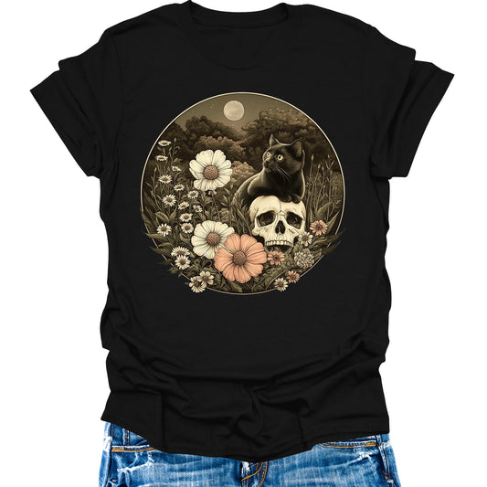 Black Cat Halloween Skull Shirts Women's Vintage Gothic Dark Floral Graphic Tees