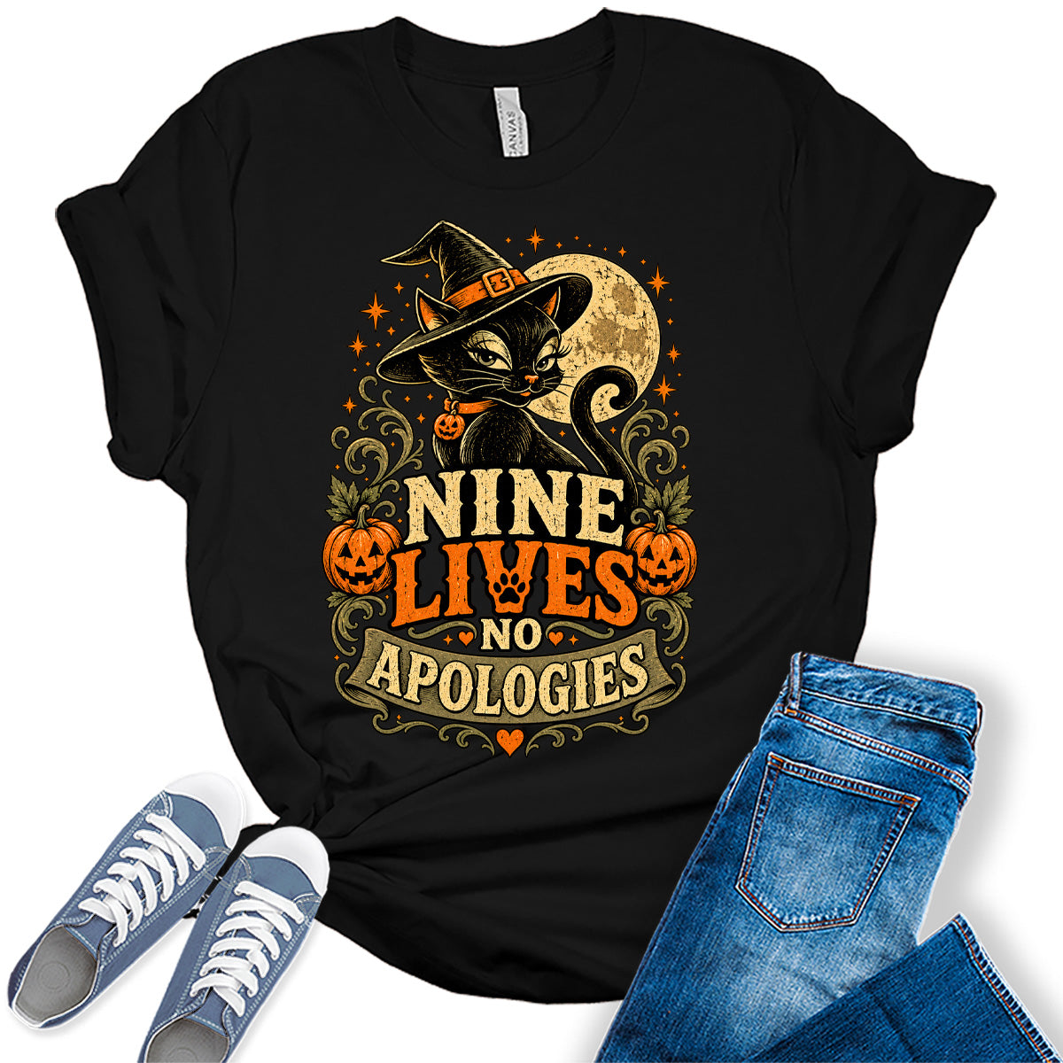 Women's Halloween Shirt Fall Black Cat Graphic Tees No Apologies Short Sleeve Bella Tops