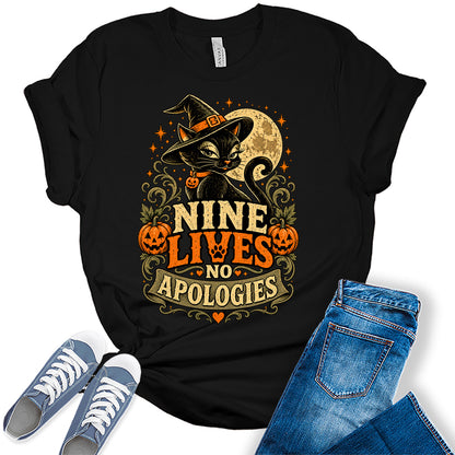 Women's Halloween Shirt Fall Black Cat Graphic Tees No Apologies Short Sleeve Bella Tops