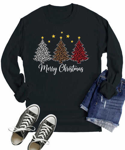 Long Sleeve Christmas Shirts For Women Xmas Merry Christmas Tree T Shirts Leopard Print Plus Size Tops