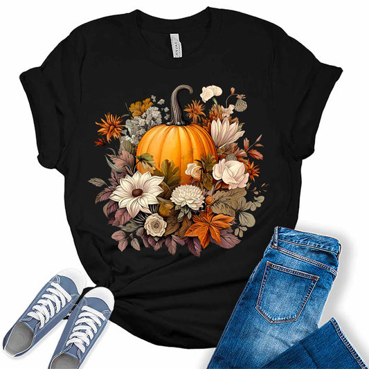 Womens Fall Graphic Tees Pumpkin Shirts Halloween Tshirts Cute Short Sleeve Thanksgiving Clothes