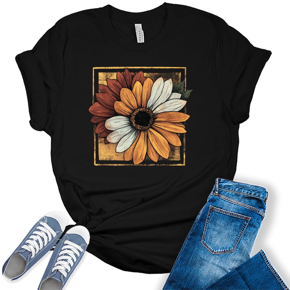 Women's Vintage Sunflower Shirt Fall Graphic Tees Funny Cute Short Sleeve Floral Tops