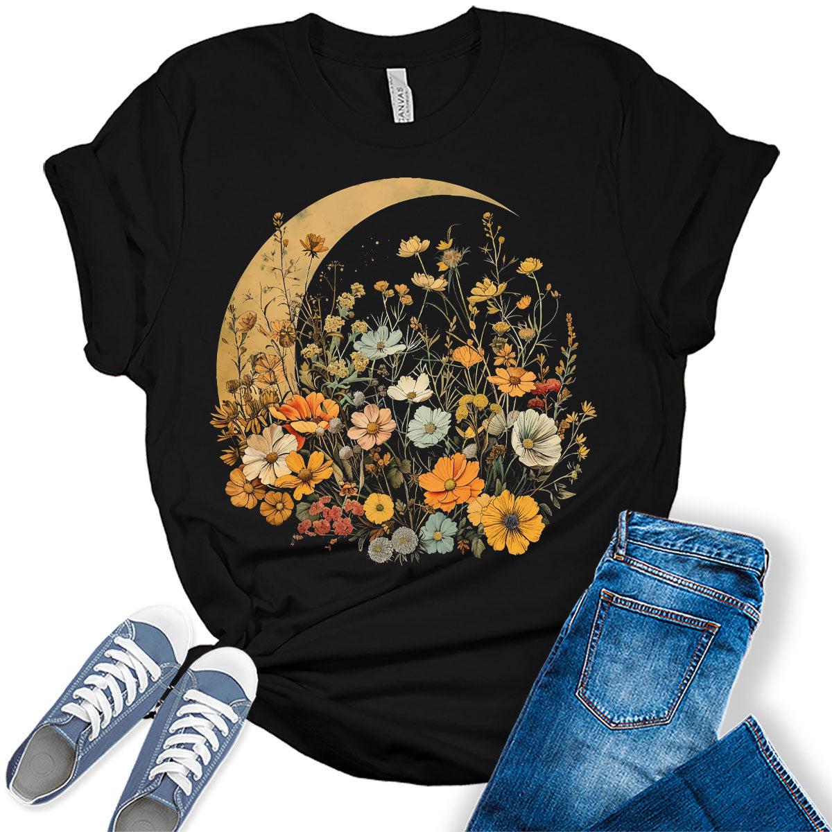 Crescent Moon Shirt Cottagecore Forest Flower Graphic Tees for Women