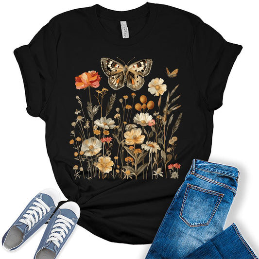 Women's Fall Vintage Floral T Shirt Boho Wildflower Teen Graphic Tees Short Sleeve Casual Tops