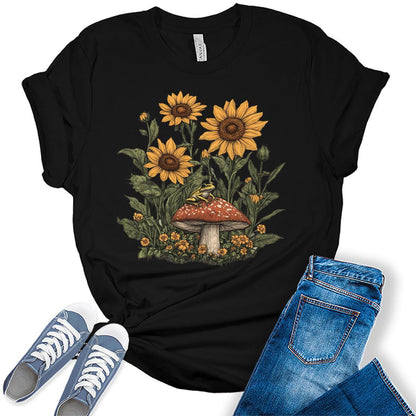 Women's Sunflower Frog Summer Shirts Cottagecore Cute Trendy Casual Graphic Tees Bella Plus Sized Tops