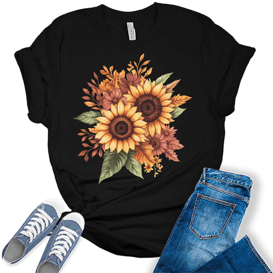 Womens Fall Vintage Tops Sunflower Tshirt Cottagecore Floral Graphic Tee Wildflower Shirts