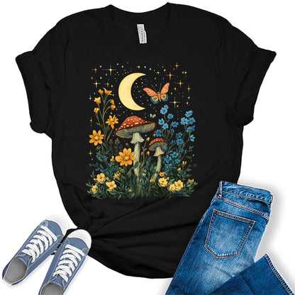 Womens Floral Shirts Wildflower Mushroom Graphic Tees Spring Butterfly Short Sleeve Cottagecore T Shirts Bella Summer Tops
