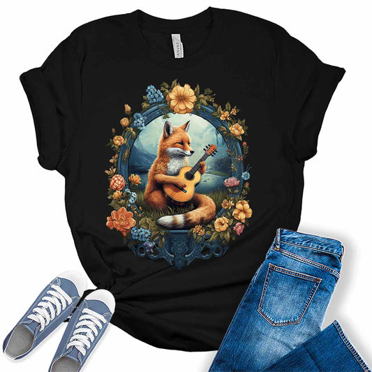 Womens Fox Shirt Cottagecore Aesthetic Cute Animal Playing Guitar Tshirts Short Sleeve Bella Graphic Tees Casual Summer Tops
