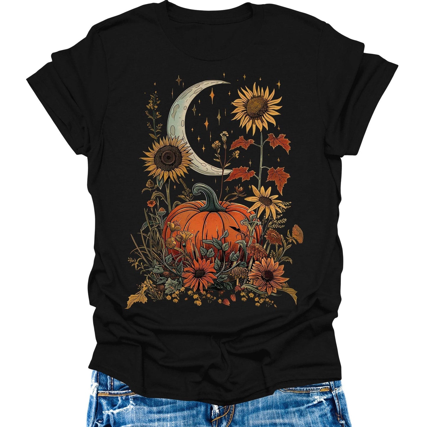 Fall Pumpkin Sunflower Shirts Womens Cottagecore Casual Autumn Thanksgiving Graphic Tees Halloween Tops