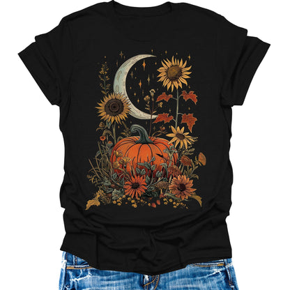 Fall Pumpkin Sunflower Shirts Womens Cottagecore Casual Autumn Thanksgiving Graphic Tees Halloween Tops