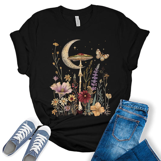 Cottagecore Aesthetic Floral Crescent Moon Flowers Graphic Tees for Women