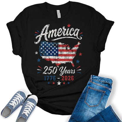 Women's 4th of July 250th Anniversary USA Merchandise America Shirt Vintage Patriotic Graphic Tees