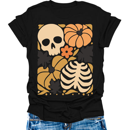 Skeleton Pumpkin Shirt Womens Halloween Boho Fall T-Shirts Cute Vintage Graphic Tees Thanksgiving Tops