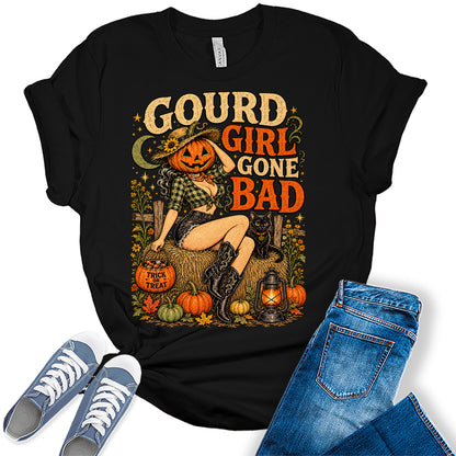 Women's Halloween Shirt Fall Pumpkin Scarecrow Graphic Tees Gourd Girl Short Sleeve Bella Tops
