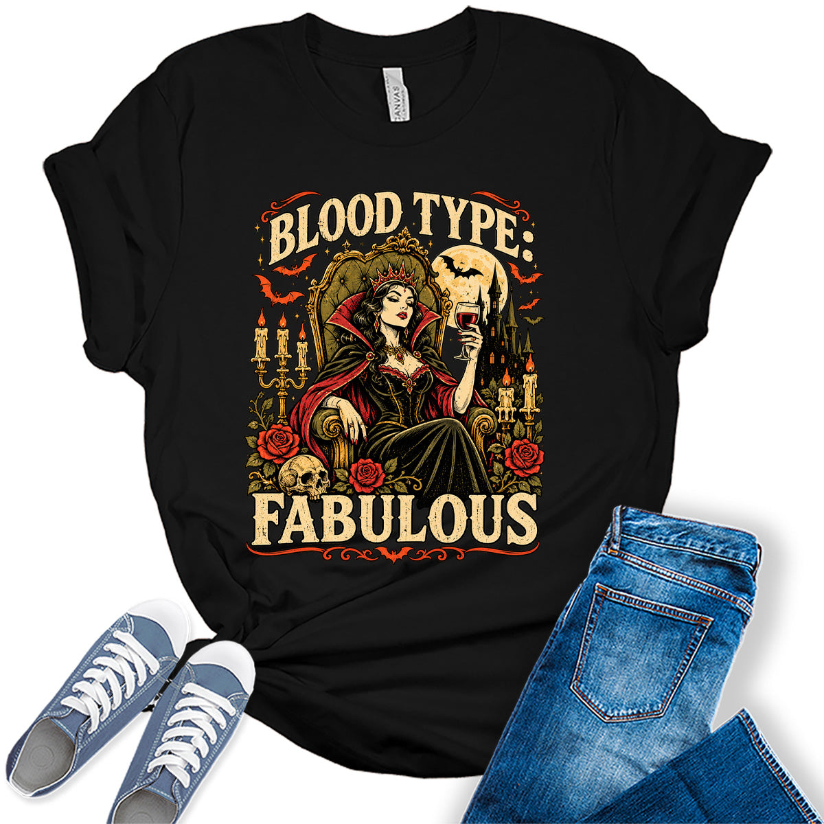 Women's Halloween Shirt Fall Vampire Graphic Tees Short Sleeve Bella Tops