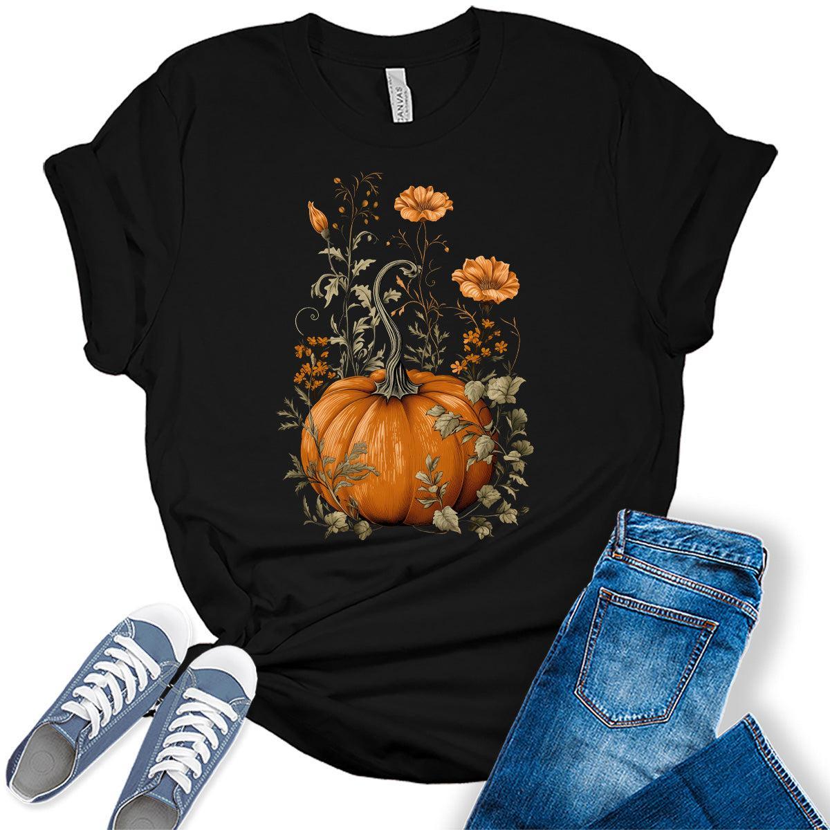 Pumpkin Floral Shirts Women's Graphic Tees Vintage Boho T Shirts Bella Fall Tops