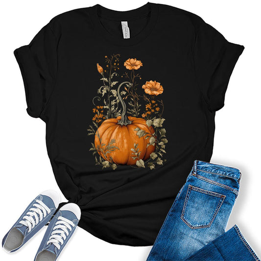 Pumpkin Floral Shirts Women's Graphic Tees Vintage Boho T Shirts Bella Fall Tops