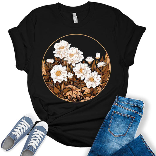 Womens Floral Shirts Wildflower Vintage Graphic Tees Spring Short Sleeve Cottagecore T Shirts