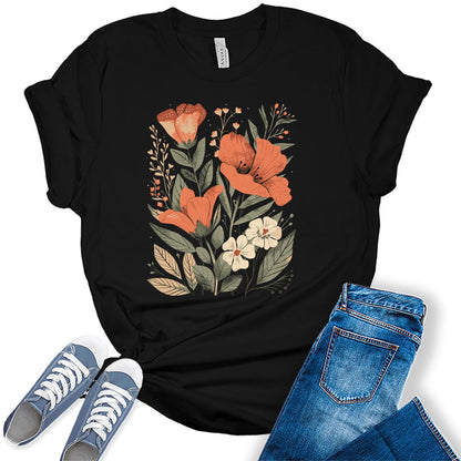 Floral Shirts Vintage Summer Cottagecore Flower Graphic Tee For Women Bella Plus Size Tops