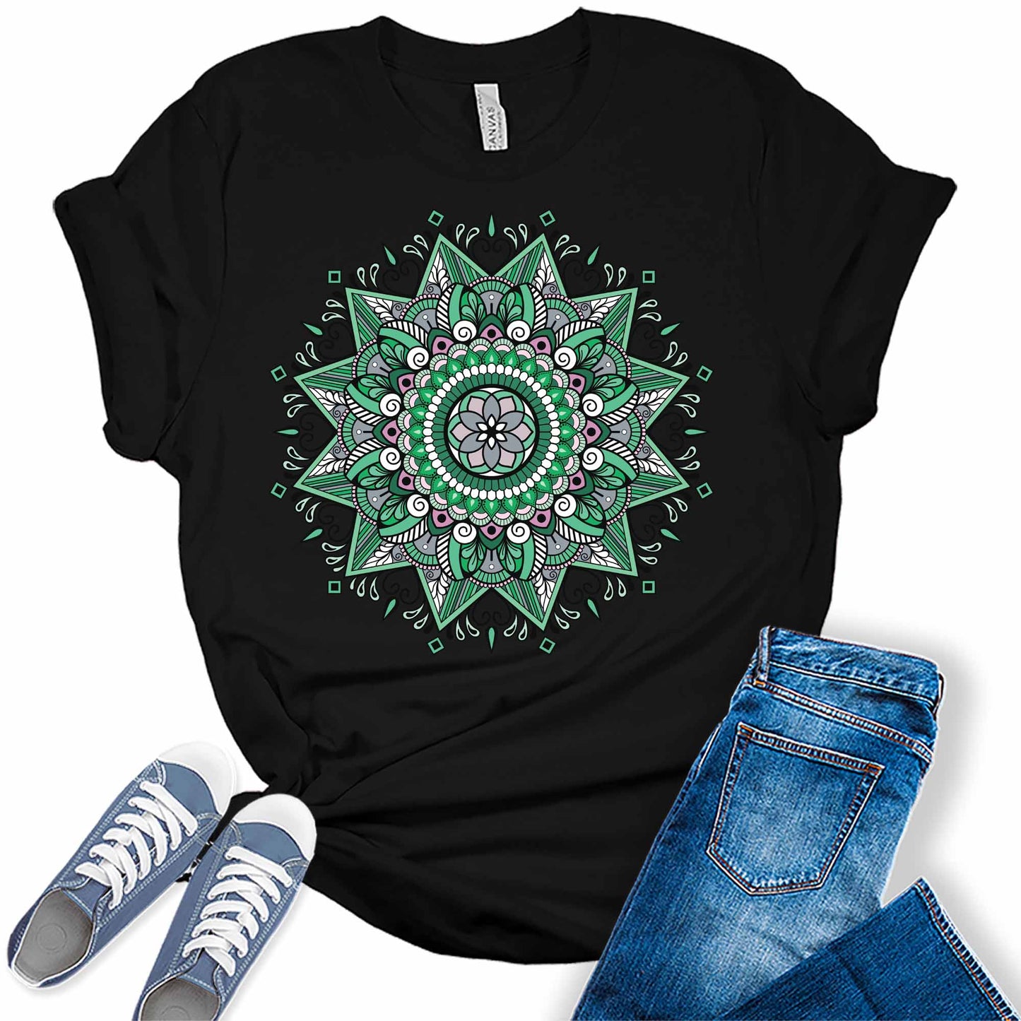 Green Mandala Shirt Casual Vintage Graphic Tees for Women Short Sleeve Plus Size Summer Tops